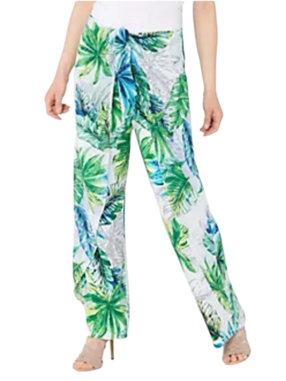 Susan Graver Liquid Knit Tropical Leaf Print Pull-on Pants Chiffon Tie Overlay